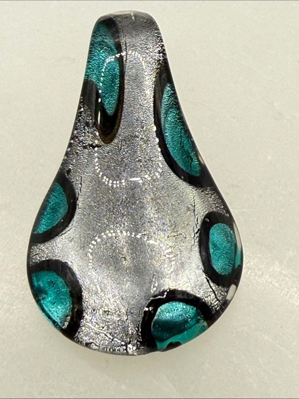 Teardrop Murano style retro vintage Glass Pendant Silver metallic & Teal charm